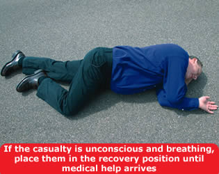 If the casualty is unconscious and breathing, place them in the recovery position until medical help arrives