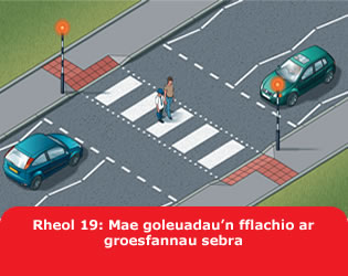 Rheol 19: Mae goleuadau’n fflachio ar groesfannau sebra