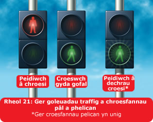 Rheol 21: Ger goleuadau traffig a chroesfannau pâl a phelican Peidiwch â chroesi Croeswch gyda gofal Peidiwch â dechrau croesi* *Ger croesfannau pelican yn unig