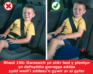 Rheol 100: Gwnewch yn siwˆr bod y plentyn yn defnyddio gwregys addas sydd wedi’i addasu’n gywir ar ei gyfer