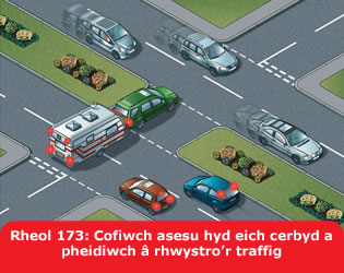 Rheol 173: Cofiwch asesu hyd eich cerbyd a pheidiwch â rhwystro’r traffig