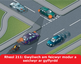 Rheol 211: Gwyliwch am feicwyr modur a seiclwyr ar gyffyrdd