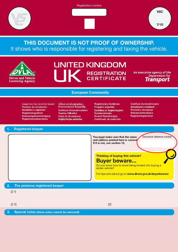 The UK Registration Certificate (V5C) has a Document Reference Number in the middle on the right hand side